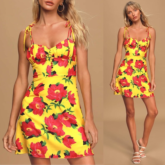 Kourt Dresses & Skirts - KOURT Dionne Bright Yellow Floral Print Satin Tie-Strap Mini Dress Size Small